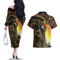 Papua New Guinea and Indonesia Batik Couples Matching Off The Shoulder Long Sleeve Dress and Hawaiian Shirt Bird of Paradise with Tribal Batik Patterns LT03 - Polynesian Pride
