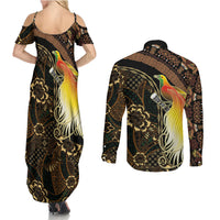 Papua New Guinea and Indonesia Batik Couples Matching Summer Maxi Dress and Long Sleeve Button Shirt Bird of Paradise with Tribal Batik Patterns LT03 - Polynesian Pride