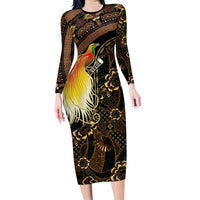 Papua New Guinea and Indonesia Batik Family Matching Long Sleeve Bodycon Dress and Hawaiian Shirt Bird of Paradise with Tribal Batik Patterns LT03 Mom's Dress Multicolor - Polynesian Pride