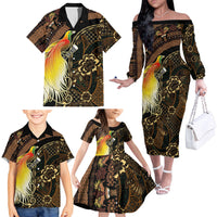 Papua New Guinea and Indonesia Batik Family Matching Off The Shoulder Long Sleeve Dress and Hawaiian Shirt Bird of Paradise with Tribal Batik Patterns LT03 - Polynesian Pride