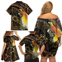Papua New Guinea and Indonesia Batik Family Matching Off Shoulder Short Dress and Hawaiian Shirt Bird of Paradise with Tribal Batik Patterns LT03 Mom's Dress Multicolor - Polynesian Pride