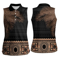 Fiji Palm Leaves Women Sleeveless Polo Shirt Masi and Tapa Tribal Pattern Beige Color