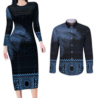 Fiji Palm Leaves Couples Matching Long Sleeve Bodycon Dress and Long Sleeve Button Shirt Masi and Tapa Tribal Pattern Blue Color