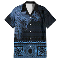 Fiji Palm Leaves Family Matching Short Sleeve Bodycon Dress and Hawaiian Shirt Masi and Tapa Tribal Pattern Blue Color