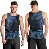 Fiji Palm Leaves Men Tank Top Masi and Tapa Tribal Pattern Blue Color