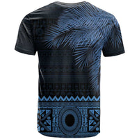 Fiji Palm Leaves T Shirt Masi and Tapa Tribal Pattern Blue Color