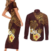 Polynesian Turtle Couples Matching Short Sleeve Bodycon Dress and Long Sleeve Button Shirt Plumeria Hibiscus Pattern Oxblood