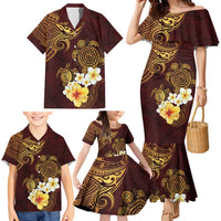 Polynesian Turtle Family Matching Mermaid Dress and Hawaiian Shirt Plumeria Hibiscus Pattern Oxblood