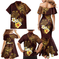 Polynesian Turtle Family Matching Mermaid Dress and Hawaiian Shirt Plumeria Hibiscus Pattern Oxblood