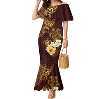 Polynesian Turtle Family Matching Mermaid Dress and Hawaiian Shirt Plumeria Hibiscus Pattern Oxblood