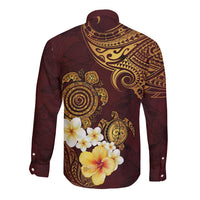 Polynesian Turtle Long Sleeve Button Shirt Plumeria Hibiscus Pattern Oxblood LT03 - Polynesian Pride