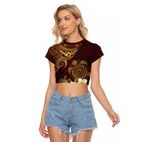 Polynesian Turtle Raglan Cropped T Shirt Plumeria Hibiscus Pattern Oxblood LT03 Female Oxblood - Polynesian Pride