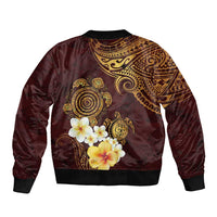 Polynesian Turtle Sleeve Zip Bomber Jacket Plumeria Hibiscus Pattern Oxblood