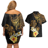 Polynesian Turtle Couples Matching Off Shoulder Short Dress and Hawaiian Shirt Plumeria Hibiscus Pattern Black Color