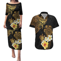 Polynesian Turtle Couples Matching Puletasi and Hawaiian Shirt Plumeria Hibiscus Pattern Black Color