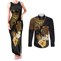 Polynesian Turtle Couples Matching Tank Maxi Dress and Long Sleeve Button Shirt Plumeria Hibiscus Pattern Black Color