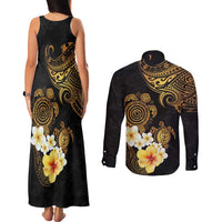 Polynesian Turtle Couples Matching Tank Maxi Dress and Long Sleeve Button Shirt Plumeria Hibiscus Pattern Black Color