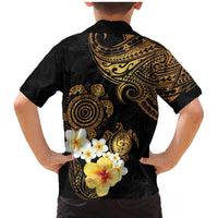 Polynesian Turtle Family Matching Mermaid Dress and Hawaiian Shirt Plumeria Hibiscus Pattern Black Color
