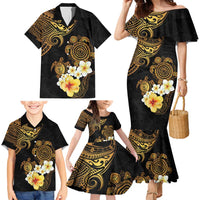 Polynesian Turtle Family Matching Mermaid Dress and Hawaiian Shirt Plumeria Hibiscus Pattern Black Color