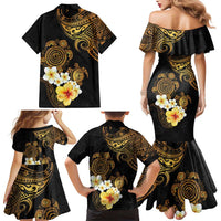 Polynesian Turtle Family Matching Mermaid Dress and Hawaiian Shirt Plumeria Hibiscus Pattern Black Color