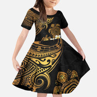 Polynesian Turtle Kid Short Sleeve Dress Plumeria Hibiscus Pattern Black Color