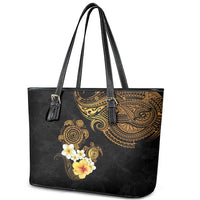 Polynesian Turtle Leather Tote Bag Plumeria Hibiscus Pattern Black Color
