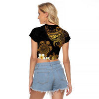 Polynesian Turtle Raglan Cropped T Shirt Plumeria Hibiscus Pattern Black Color LT03 - Polynesian Pride