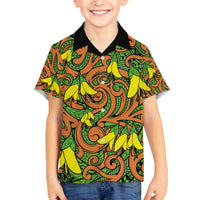 New Zealand Kowhai Flowers Family Matching Off Shoulder Short Dress and Hawaiian Shirt Maori Koru Pattern