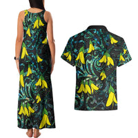 New Zealand Kowhai Flowers Couples Matching Tank Maxi Dress and Hawaiian Shirt Maori Koru Pattern With Paua Shell Style