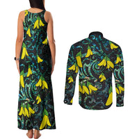 New Zealand Kowhai Flowers Couples Matching Tank Maxi Dress and Long Sleeve Button Shirt Maori Koru Pattern With Paua Shell Style