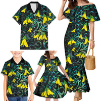 New Zealand Kowhai Flowers Family Matching Mermaid Dress and Hawaiian Shirt Maori Koru Pattern With Paua Shell Style