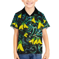 New Zealand Kowhai Flowers Family Matching Off Shoulder Short Dress and Hawaiian Shirt Maori Koru Pattern With Paua Shell Style