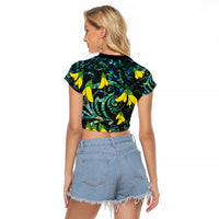 New Zealand Kowhai Flowers Raglan Cropped T Shirt Maori Koru Pattern With Paua Shell Style LT03 - Polynesian Pride