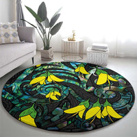 New Zealand Kowhai Flowers Round Carpet Maori Koru Pattern With Paua Shell Style LT03 - Polynesian Pride