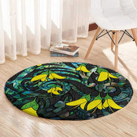 New Zealand Kowhai Flowers Round Carpet Maori Koru Pattern With Paua Shell Style LT03 - Polynesian Pride