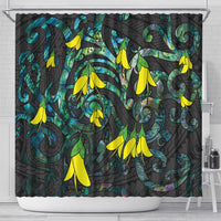 New Zealand Kowhai Flowers Shower Curtain Maori Koru Pattern With Paua Shell Style LT03 - Polynesian Pride