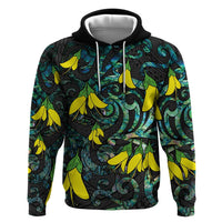 New Zealand Kowhai Flowers Zip Hoodie Maori Koru Pattern With Paua Shell Style