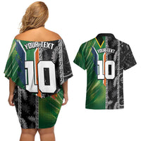 Custom Aotearoa South Africa Rugby Freedom Cup Couples Matching Off Shoulder Short Dress and Hawaiian Shirt Maori Silver Fern Art and Sporty Flag SA - Polynesian Pride
