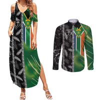 Custom Aotearoa South Africa Rugby Freedom Cup Couples Matching Summer Maxi Dress and Long Sleeve Button Shirt Maori Silver Fern Art and Sporty Flag SA - Polynesian Pride