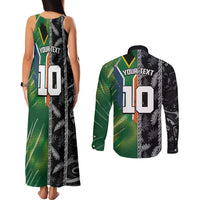Custom Aotearoa South Africa Rugby Freedom Cup Couples Matching Tank Maxi Dress and Long Sleeve Button Shirt Maori Silver Fern Art and Sporty Flag SA - Polynesian Pride