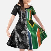 Custom Aotearoa South Africa Rugby Freedom Cup Family Matching Short Sleeve Bodycon Dress and Hawaiian Shirt Maori Silver Fern Art and Sporty Flag SA - Polynesian Pride