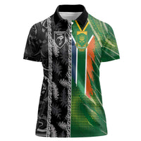 Custom Aotearoa South Africa Rugby Freedom Cup Women Polo Shirt Maori Silver Fern Art and Sporty Flag SA - Polynesian Pride