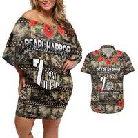 Pearl Harbor Remembrance Day Personalized Couples Matching Off Shoulder Short Dress and Hawaiian Shirt Memories of December 7 with Red Poppy Lei - Polynesian Pride