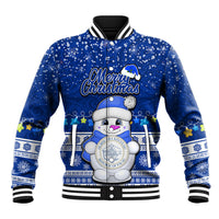 Palau Christmas Baseball Jacket Snowman Hugs Palau Coat of Arms Maori Pattern Blue Style LT03 Unisex Blue - Polynesian Pride
