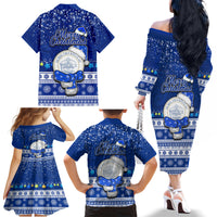 Palau Christmas Family Matching Off Shoulder Long Sleeve Dress and Hawaiian Shirt Snowman Hugs Palau Coat of Arms Maori Pattern Blue Style LT03 - Polynesian Pride