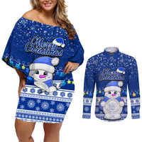 Personalised Palau Christmas Couples Matching Off Shoulder Short Dress and Long Sleeve Button Shirt Snowman Hugs Palau Coat of Arms Maori Pattern Blue Style LT03 Blue - Polynesian Pride
