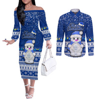Personalised Palau Christmas Couples Matching Off The Shoulder Long Sleeve Dress and Long Sleeve Button Shirt Snowman Hugs Palau Coat of Arms Maori Pattern Blue Style LT03 Blue - Polynesian Pride