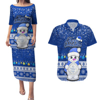 Personalised Palau Christmas Couples Matching Puletasi Dress and Hawaiian Shirt Snowman Hugs Palau Coat of Arms Maori Pattern Blue Style LT03 Blue - Polynesian Pride