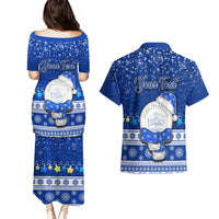 Personalised Palau Christmas Couples Matching Puletasi Dress and Hawaiian Shirt Snowman Hugs Palau Coat of Arms Maori Pattern Blue Style LT03 - Polynesian Pride