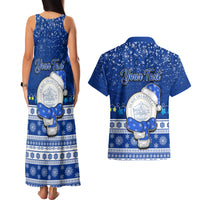 Personalised Palau Christmas Couples Matching Tank Maxi Dress and Hawaiian Shirt Snowman Hugs Palau Coat of Arms Maori Pattern Blue Style LT03 - Polynesian Pride